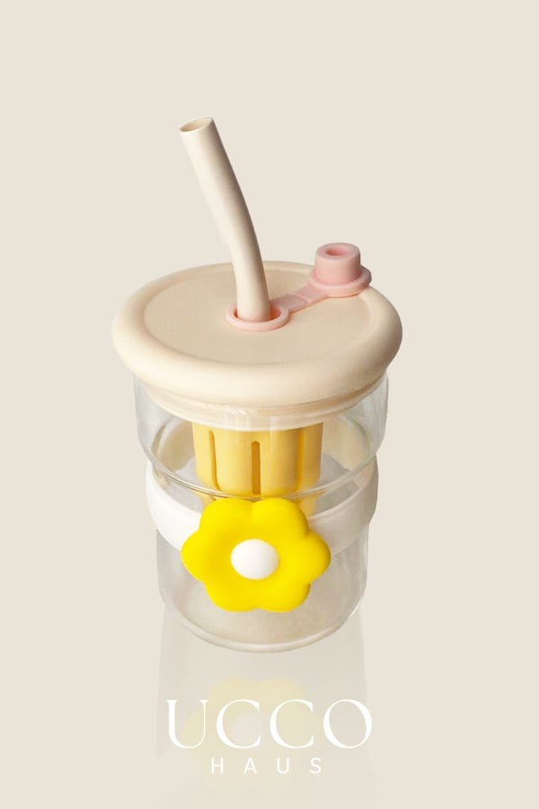 500ml Papatya Desenli Pipetli Cam Detox Termos Matara Bardak - Su Meşrubat Limonata Bardağı/607B