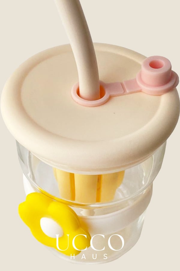 500ml Papatya Desenli Pipetli Cam Detox Termos Matara Bardak - Su Meşrubat Limonata Bardağı/607B
