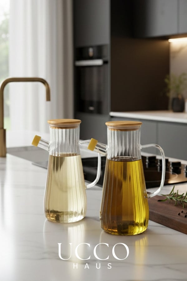 900 ml Bambu Kapaklı Vakumlu Borosilikat Cam Yağlık Sirkelik Sürahi Yağdanlık
