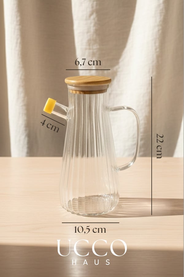 900 ml Bambu Kapaklı Vakumlu Borosilikat Cam Yağlık Sirkelik Sürahi Yağdanlık