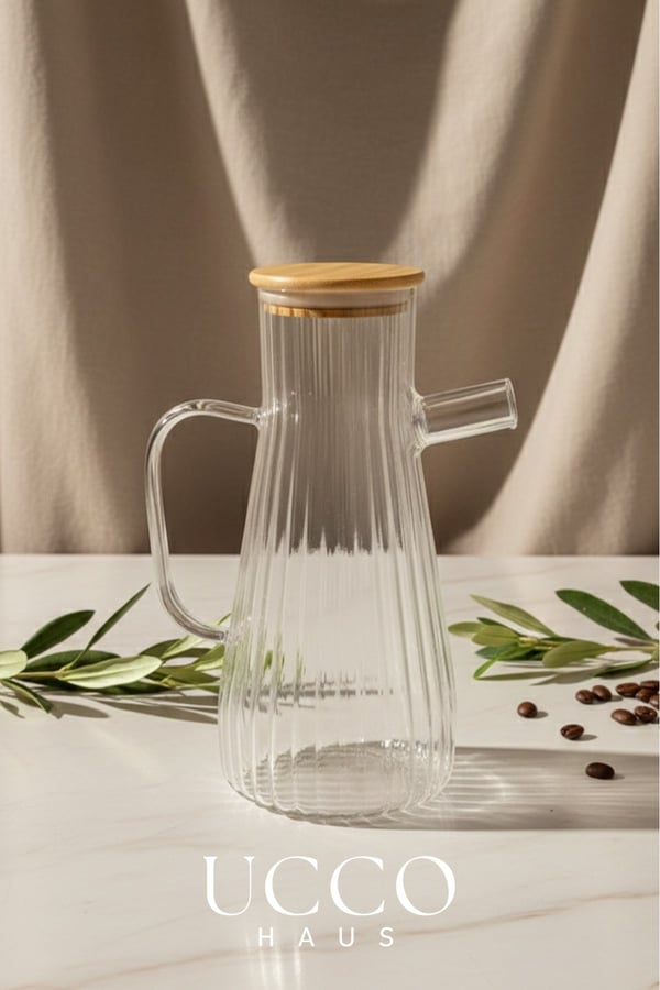900 ml Bambu Kapaklı Vakumlu Borosilikat Cam Yağlık Sirkelik Sürahi Yağdanlık