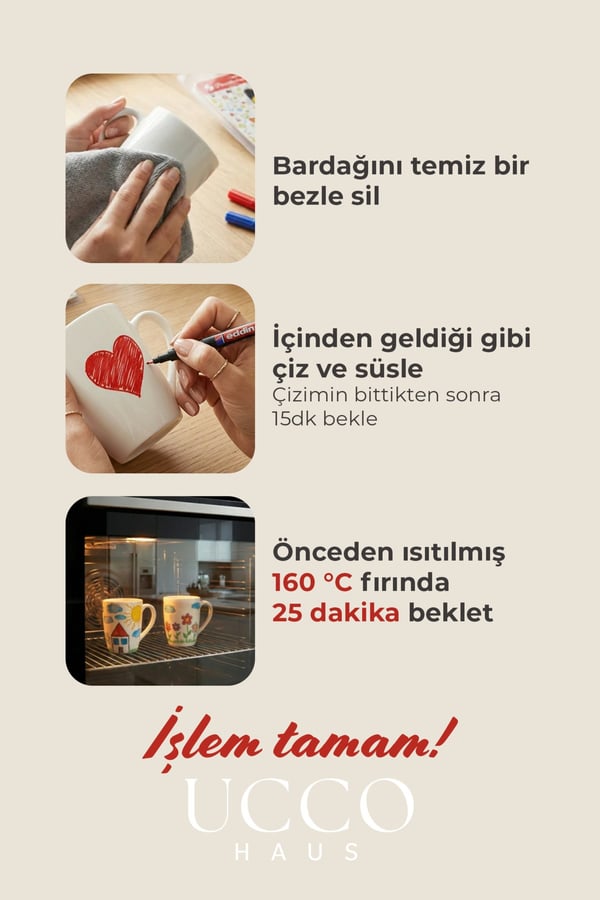 DIY Kupanı Kendin Tasarla Seti - 1 Adet Paşabahçe Porselen Kupa x 2 Edding Kalem Sevgililer Günü