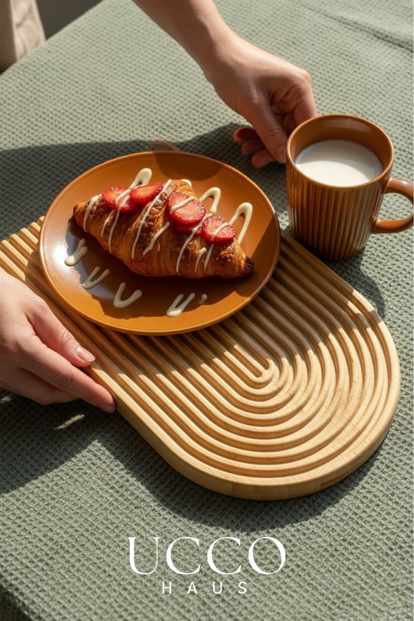 Doğal Bambu Sunumluk - 33x20X1,3cm– Kahve, Tatlı, Peynir Oval Oluklu Servis Tabağı Tepsi