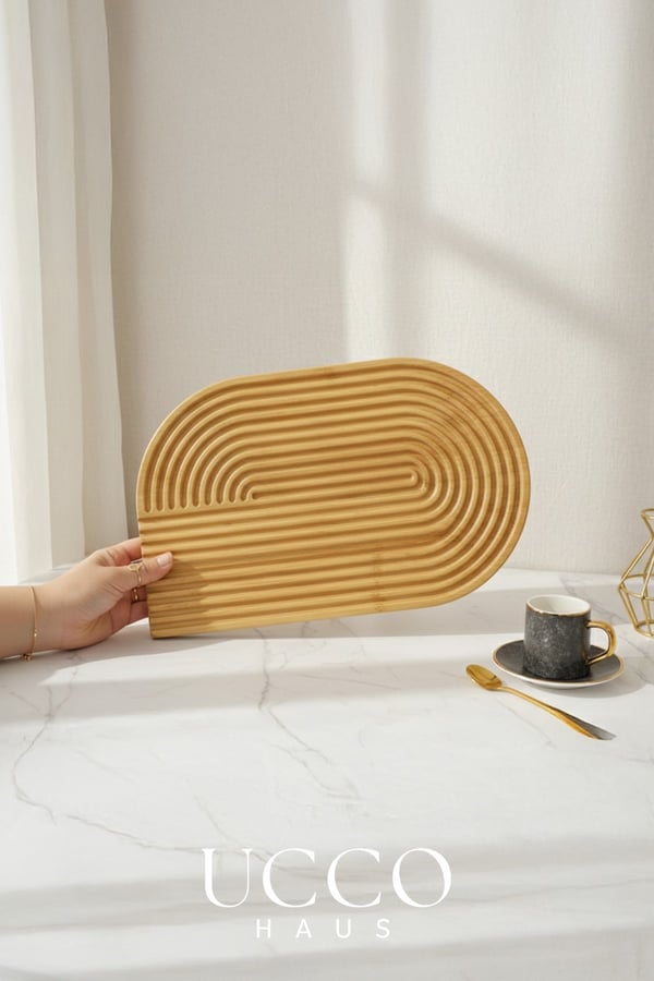 Doğal Bambu Sunumluk - 33x20X1,3cm– Kahve, Tatlı, Peynir Oval Oluklu Servis Tabağı Tepsi