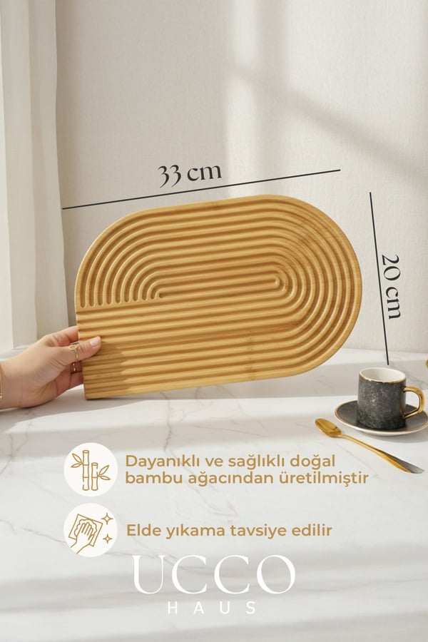 Doğal Bambu Sunumluk - 33x20X1,3cm– Kahve, Tatlı, Peynir Oval Oluklu Servis Tabağı Tepsi