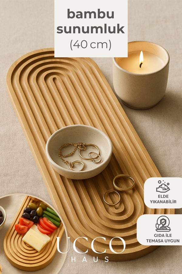 Doğal Bambu Sunumluk - 40x16x1,5cm– Kahve, Tatlı & Peynir Sunumluk Oval Oluklu Servis Tabağı