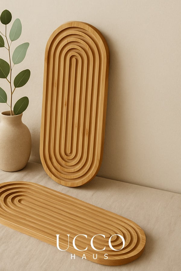 Doğal Bambu Sunumluk - 40x16x1,5cm– Kahve, Tatlı & Peynir Sunumluk Oval Oluklu Servis Tabağı