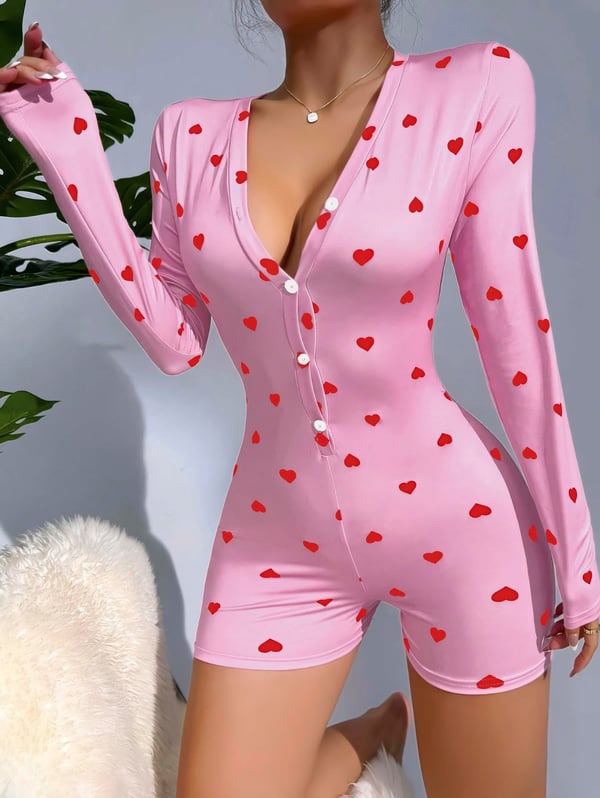 Kadın Pembe Kalp Desenli Pijama Tulumu