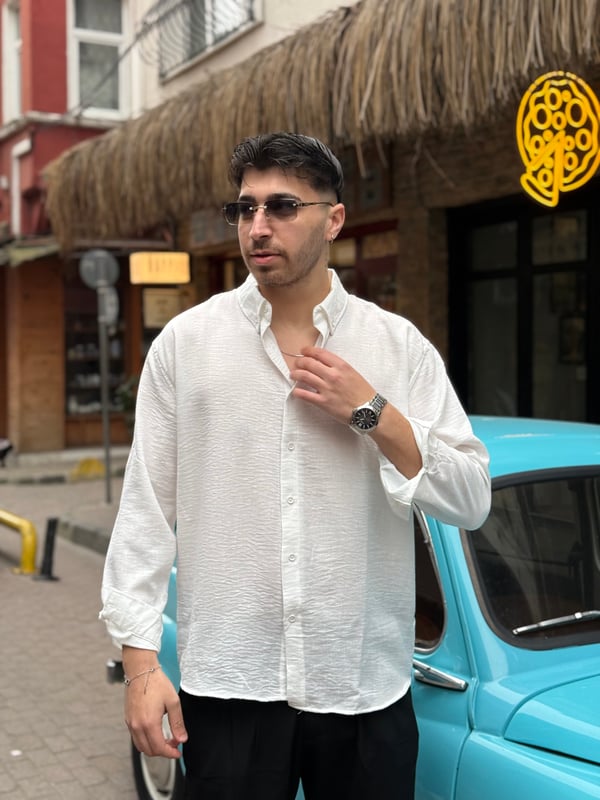 Beyaz Göbiş Keten Gömlek