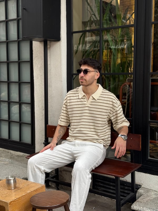 Ekru-Kahverengi Çizgili Fit Polo Yaka Tişört