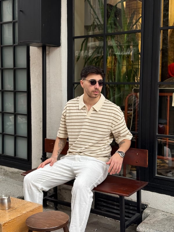 Ekru-Kahverengi Çizgili Fit Polo Yaka Tişört