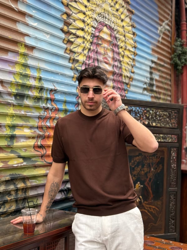 Kahverengi Bisiklet Yaka Slim Fit Tişört