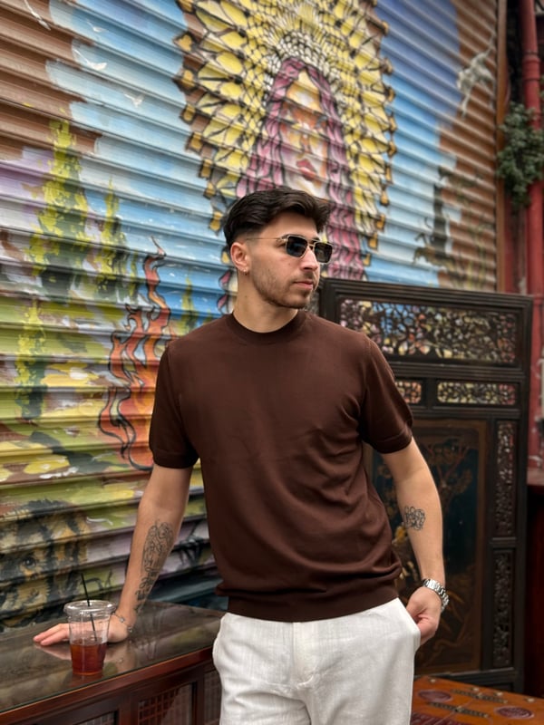 Kahverengi Bisiklet Yaka Slim Fit Tişört