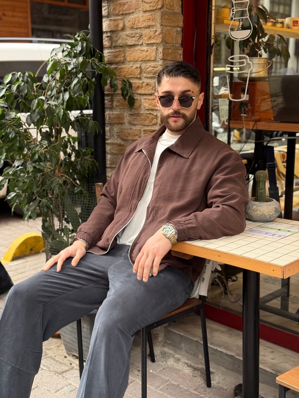 Kahverengi Oversize Fit Fermuarlı Ceket