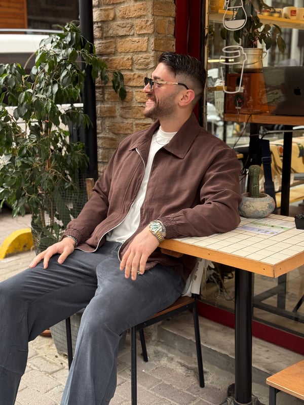 Kahverengi Oversize Fit Fermuarlı Ceket