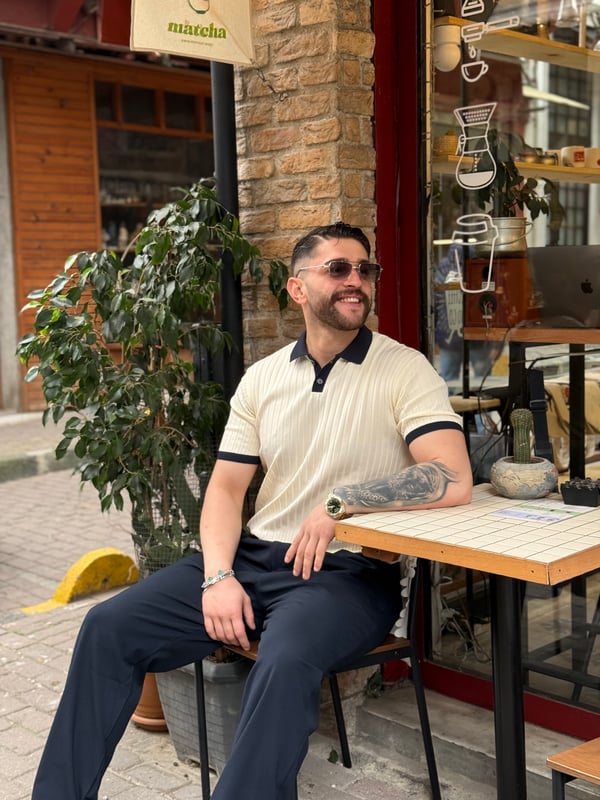 Krem Fitilli Polo Yaka Tişört