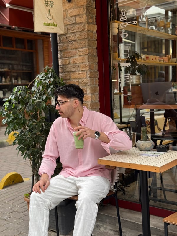 Pembe Göbiş Keten Gömlek