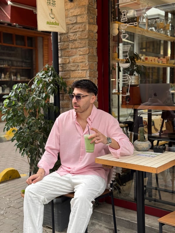 Pembe Göbiş Keten Gömlek
