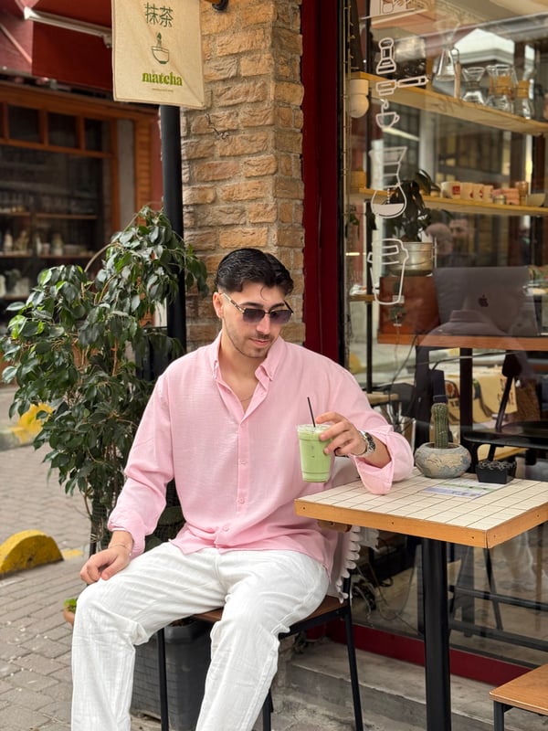 Pembe Göbiş Keten Gömlek