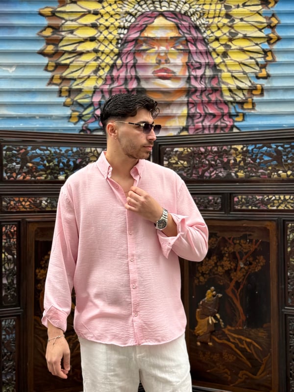 Pembe Göbiş Keten Gömlek