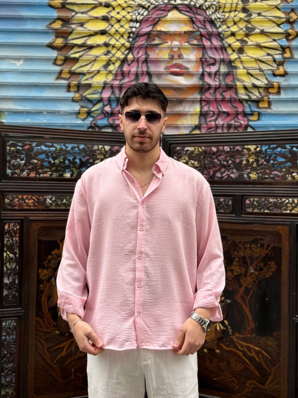 Pembe Göbiş Keten Gömlek