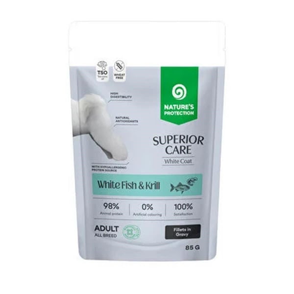 Nature's Protection Superior Care Beyaz Tüylü Köpekler İçin Beyaz Balıklı & Krilli Sos İçinde Yaş Köpek Maması 85g