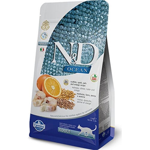 N&D Ocean Düşük Tahıllı Morina Balıklı ve Portakallı 1.5 kg Yetişkin Kedi Maması
