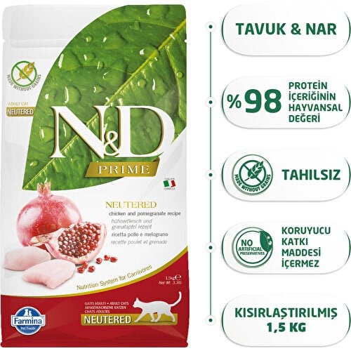 N&D Prime Tahılsız Tavuklu ve Narlı Kısırlaştırılmış 1.5 kg Yetişkin Kedi Maması