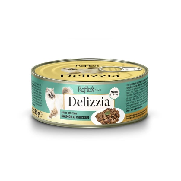 Reflex Plus Delizzia Sos İçinde Somonlu ve Tavuklu Parça Etli Yetişkin Kedi Konservesi 85gr