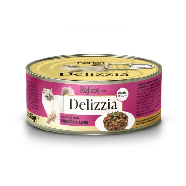 Reflex Plus Delizzia Sos İçinde Tavuklu ve Ciğerli Parça Etli Yetişkin Kedi Konservesi 85gr