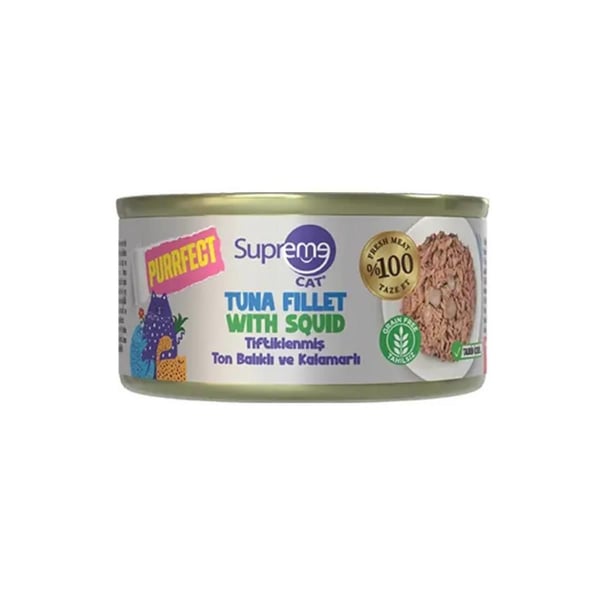 Supreme Cat Tiftiklenmiş Ton Balıklı ve Kalamarlı Yetişkin Kedi Konservesi 70gr