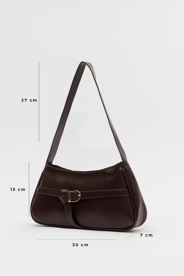 Acı Kahve D60 Toka Detaylı Fermuarlı Minimal Tasarımlı Modern Stil Günlük Kadın Omuz ve Baget Çantası