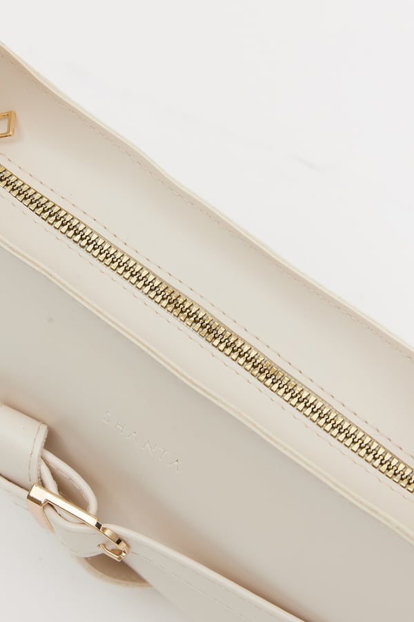Krem D60 Toka Detaylı Fermuarlı Minimal Tasarımlı Modern Stil Günlük Kadın Omuz ve Baget Çantası