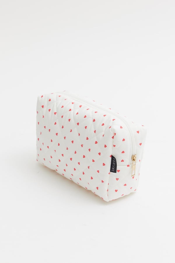 Mini Kırmızı Kalp Desenli D34 Fermuarlı Kozmetik Organizer Kadın Seyahat Tipi Makyaj Çantası