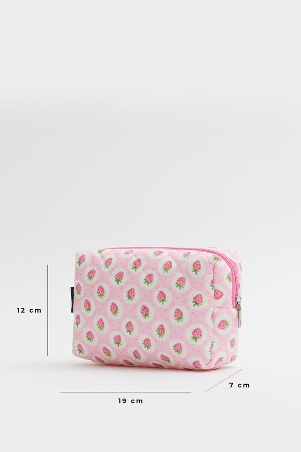Pembe Çilek Desenli D34 Fermuarlı Kozmetik Organizer Kadın Seyahat Tipi Makyaj Çantası