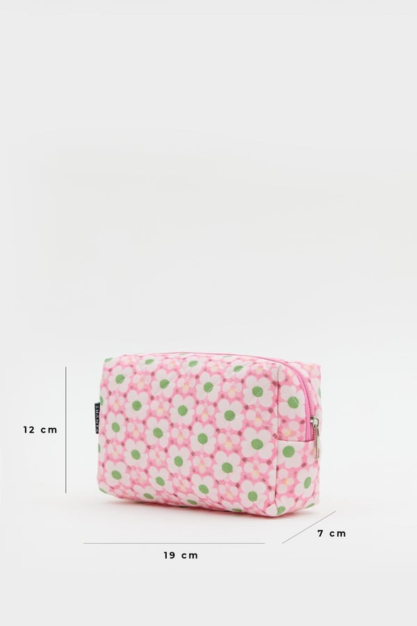 Pembe Papatya Desenli D34 Fermuarlı Kozmetik Organizer Kadın Seyahat Tipi Makyaj Çantası