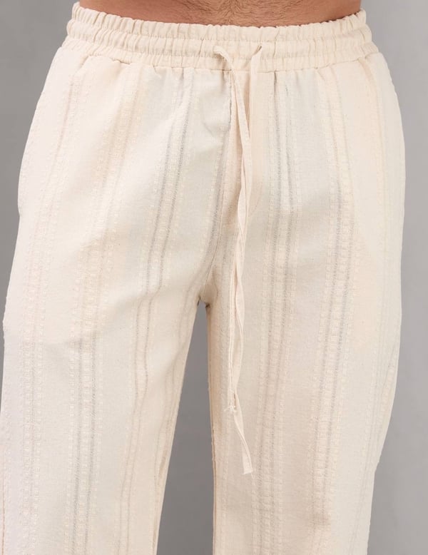 Bej Nakışlı Baggy Keten Pantolon
