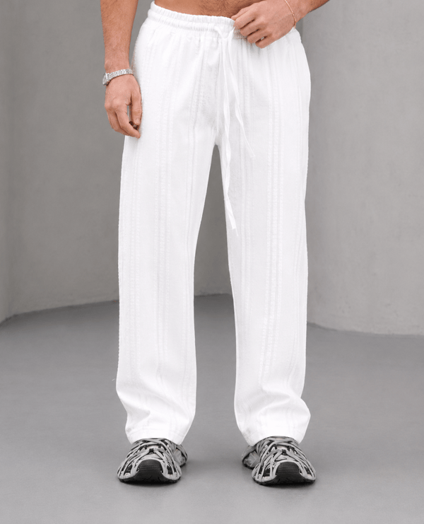 Beyaz Nakışlı Baggy Keten Pantolon