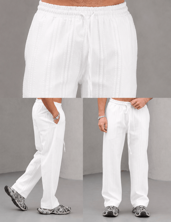 Beyaz Nakışlı Baggy Keten Pantolon