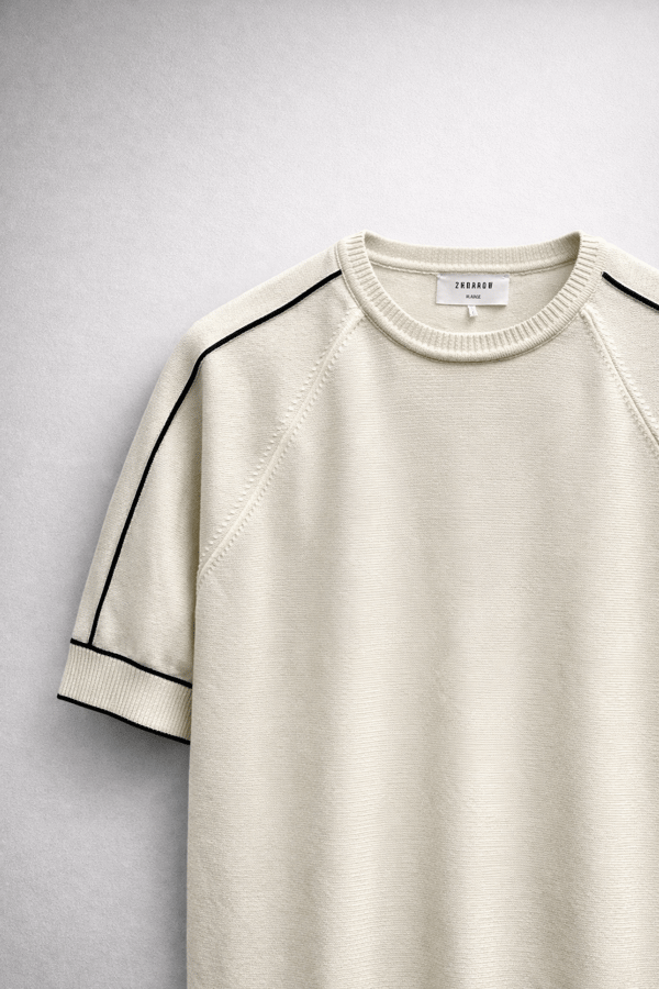 bisiklet yaka triko kumaş detaylı tshirt