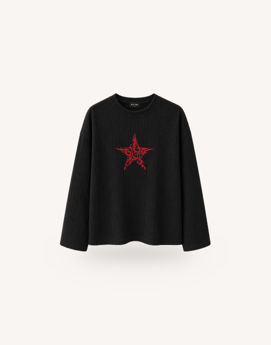 Bisiklet Yaka Uzun Kollu Baskılı Boxy Kalıp Siyah T-shirt