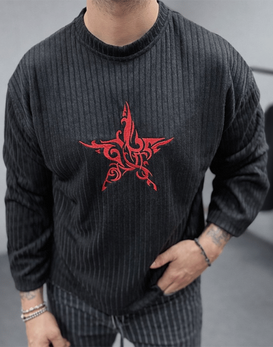 Bisiklet Yaka Uzun Kollu Baskılı Boxy Kalıp Siyah T-shirt