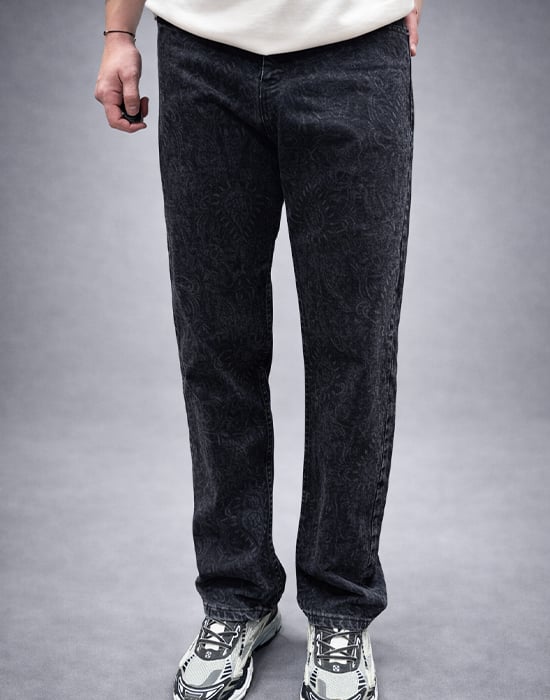 Desenli Baggy Fit Jean Siyah