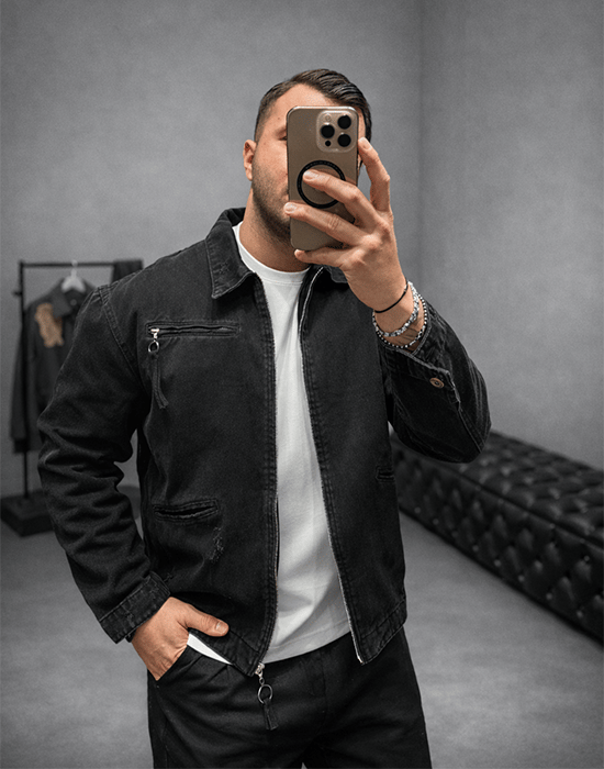 Eskitme Detaylı Siyah Kot Ceket 