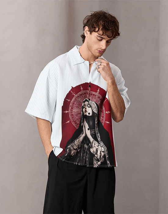 Kısa Kollu Oversize Desenli Çizgili Gömlek
