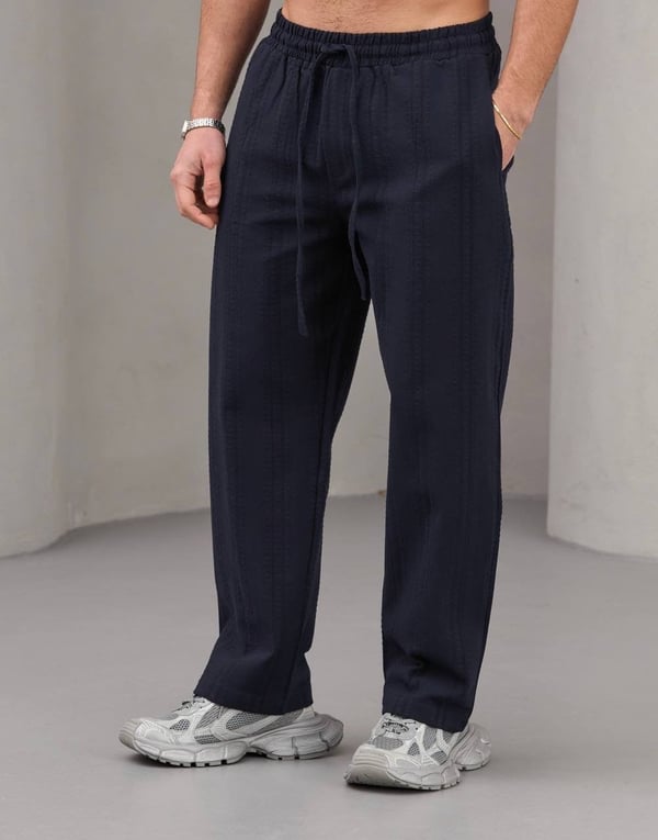 Lacivert Nakışlı Baggy Keten Pantolon