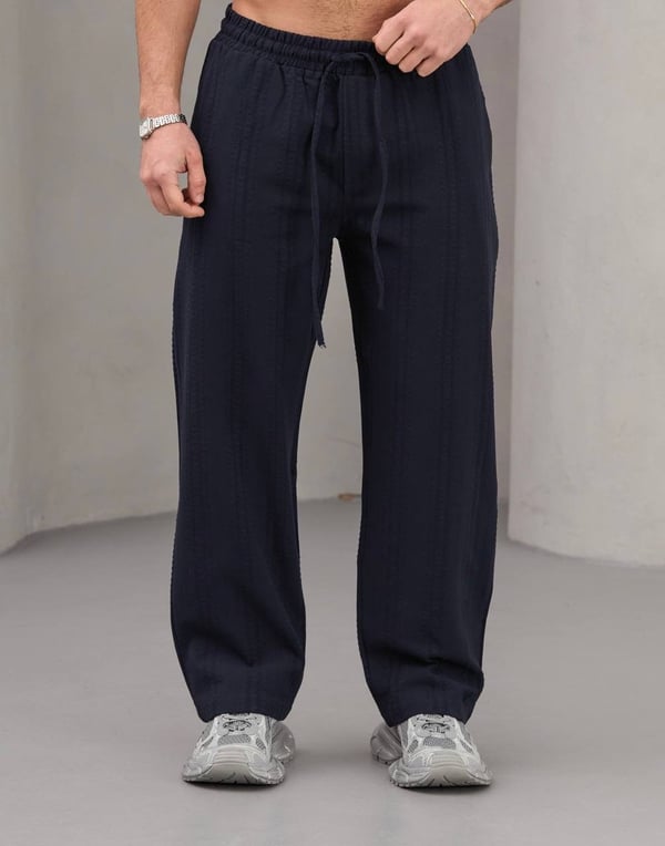 Lacivert Nakışlı Baggy Keten Pantolon