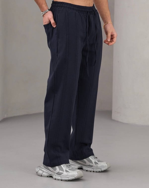 Lacivert Nakışlı Baggy Keten Pantolon