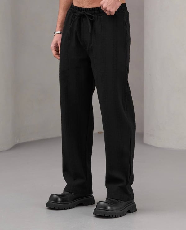 Siyah Nakışlı Baggy Keten Pantolon