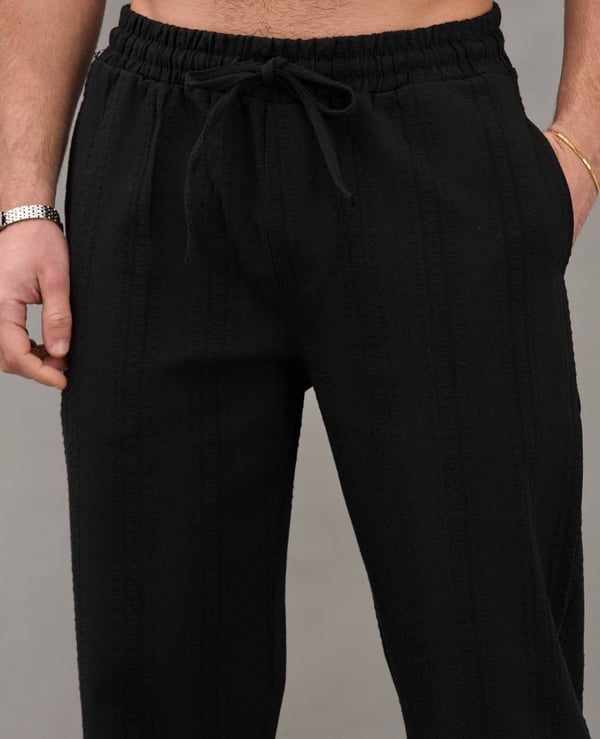 Siyah Nakışlı Baggy Keten Pantolon